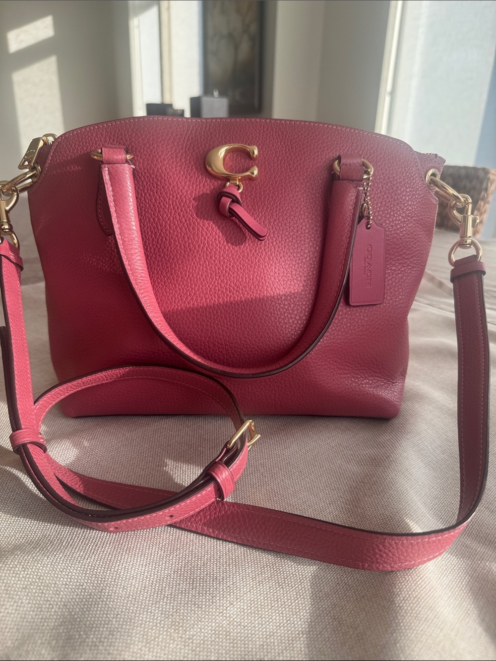 New without tags. Coach Raspberry Pebbled Leather Satchel with Gold Hardware